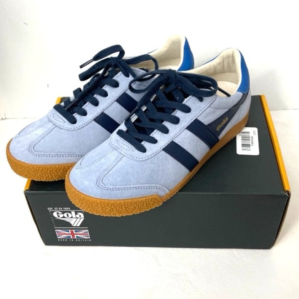 Gola Women’s Light Blue Suede Sneakers with Navy Stripes and Gum Sole